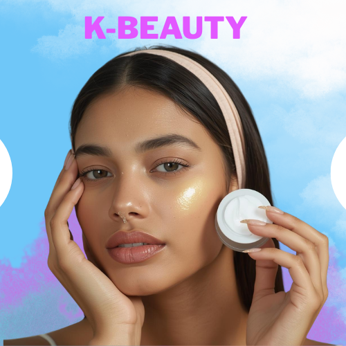 K-beauty glowing skin model holding face cream product with radiant healthy skin